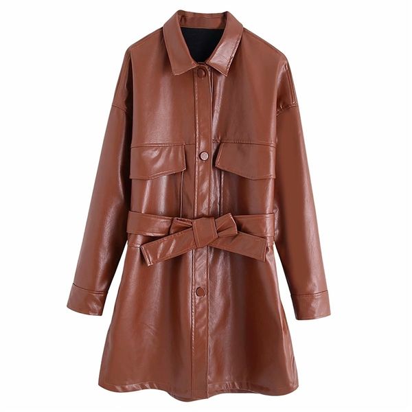 streetwear women faux leather jacket fashion ladies pockets long coats elegant female chic sashes button blazers 210427, Black